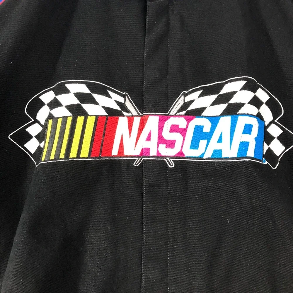 JH Design‎ NASCAR Jacket Men's 2XL XXL Black Blue Red Flag Logo Racing Coat